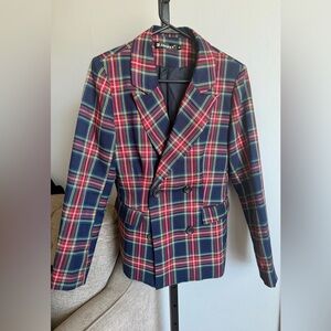 Red Navy White Plaid Double-Breasted Blazer